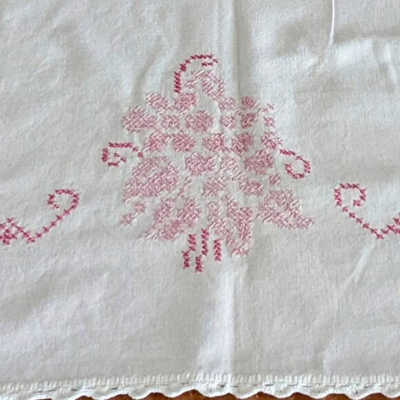Vintage White Tablecloth with Pink Floral Cross-Stitch Flowers - Picture 2 of 5